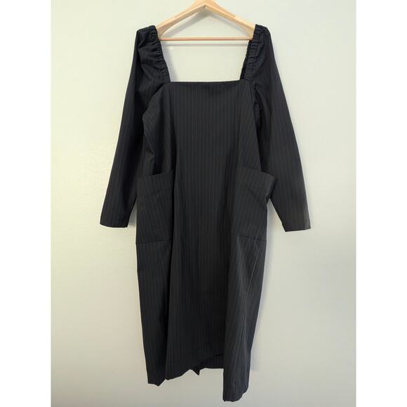 NWT GANNI Pinstriped Twill Midi Dress Midnight Blue Red Pinstripes IT 52 US 22 - Picture 6 of 12